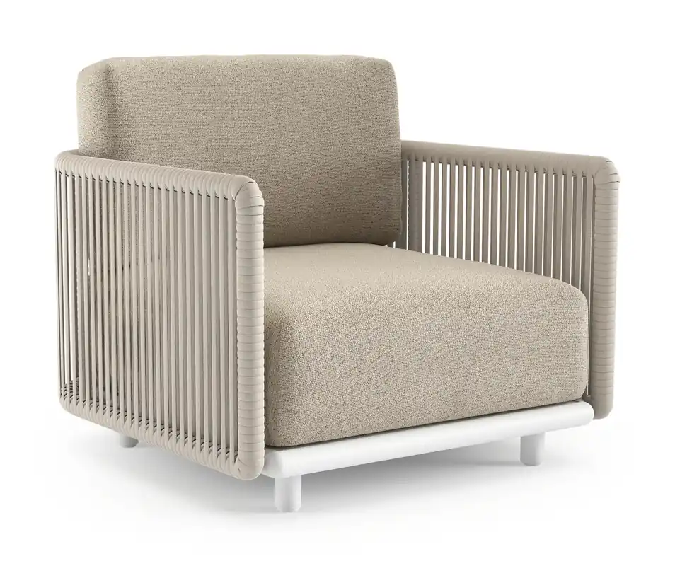 Organo loungestoel in wit aluminium en beige verticaal geweven luxe vlakke rope met marbella beige all weather Cosytica kussen Meest Verkocht
