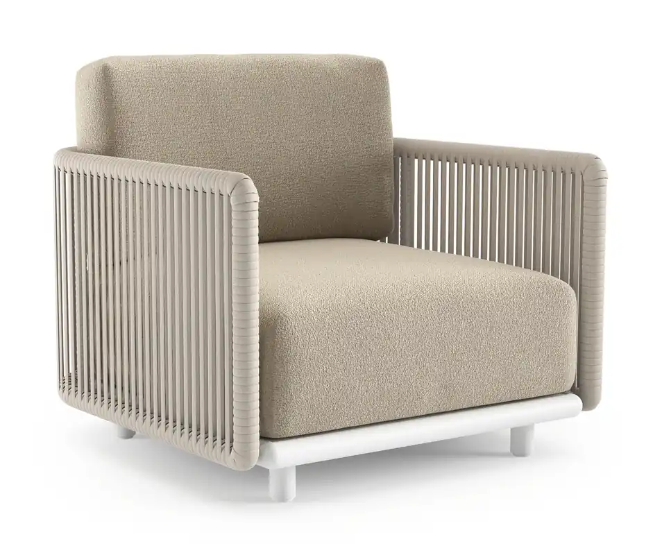 Premium Organo loungestoel in wit aluminium en beige verticaal geweven luxe vlakke rope met marbella sand all weather Cosytica kussen