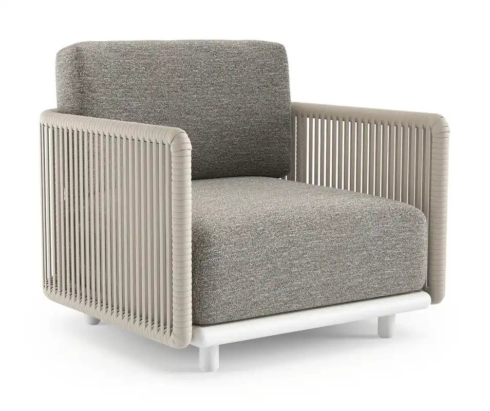 Koop Vandaag Organo loungestoel in wit aluminium en beige verticaal geweven luxe vlakke rope met tundra pepper all weather Sunbrella® luxe kussen