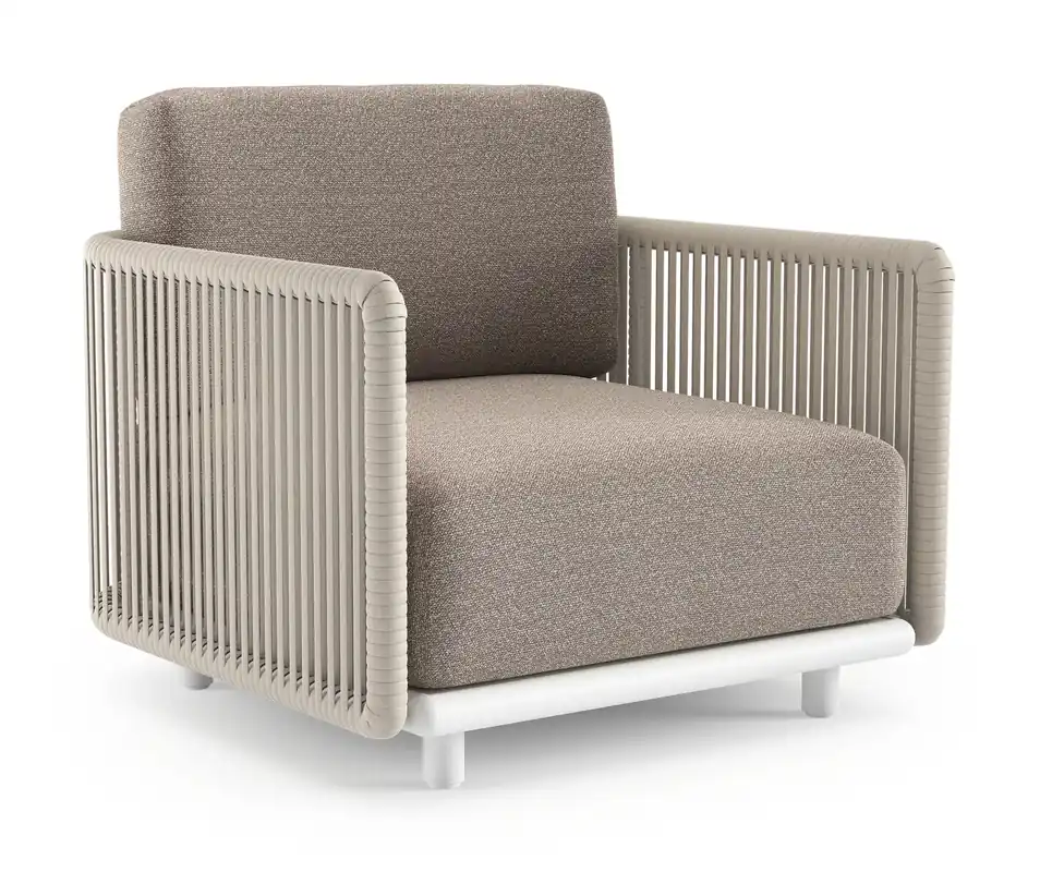 Koop Online Organo loungestoel in wit aluminium en beige verticaal geweven luxe vlakke rope met wander manioc all weather Sunbrella® luxe kussen