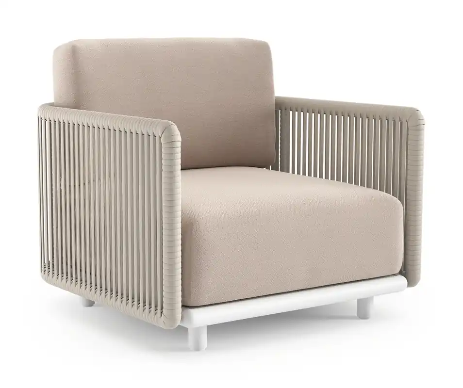 Speciale Aanbieding Organo loungestoel in wit aluminium en beige verticaal geweven luxe vlakke rope met wander pilat all weather Sunbrella® luxe kussen