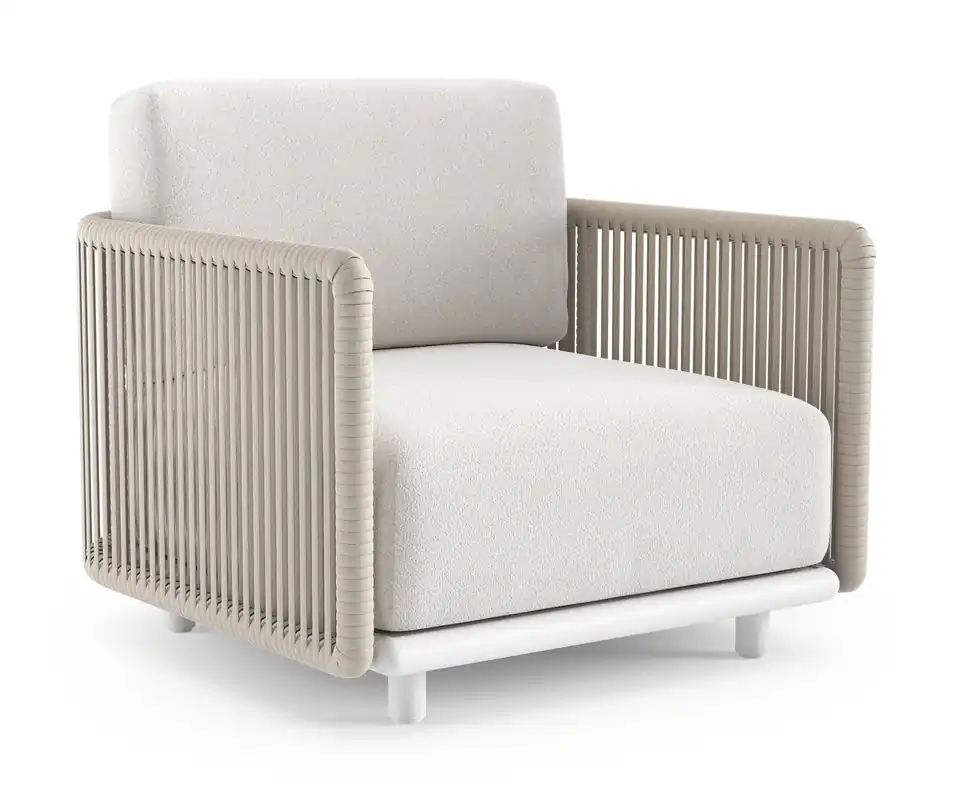 Organo loungestoel in wit aluminium en beige verticaal geweven luxe vlakke rope met soul optik all weather Solica kussen Nieuw