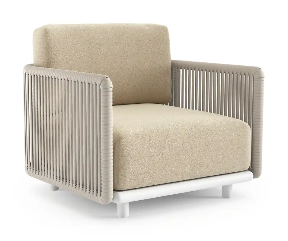 Organo loungestoel in wit aluminium en beige verticaal geweven luxe vlakke rope met soul papyrus all weather Solica kussen Flitsaanbieding