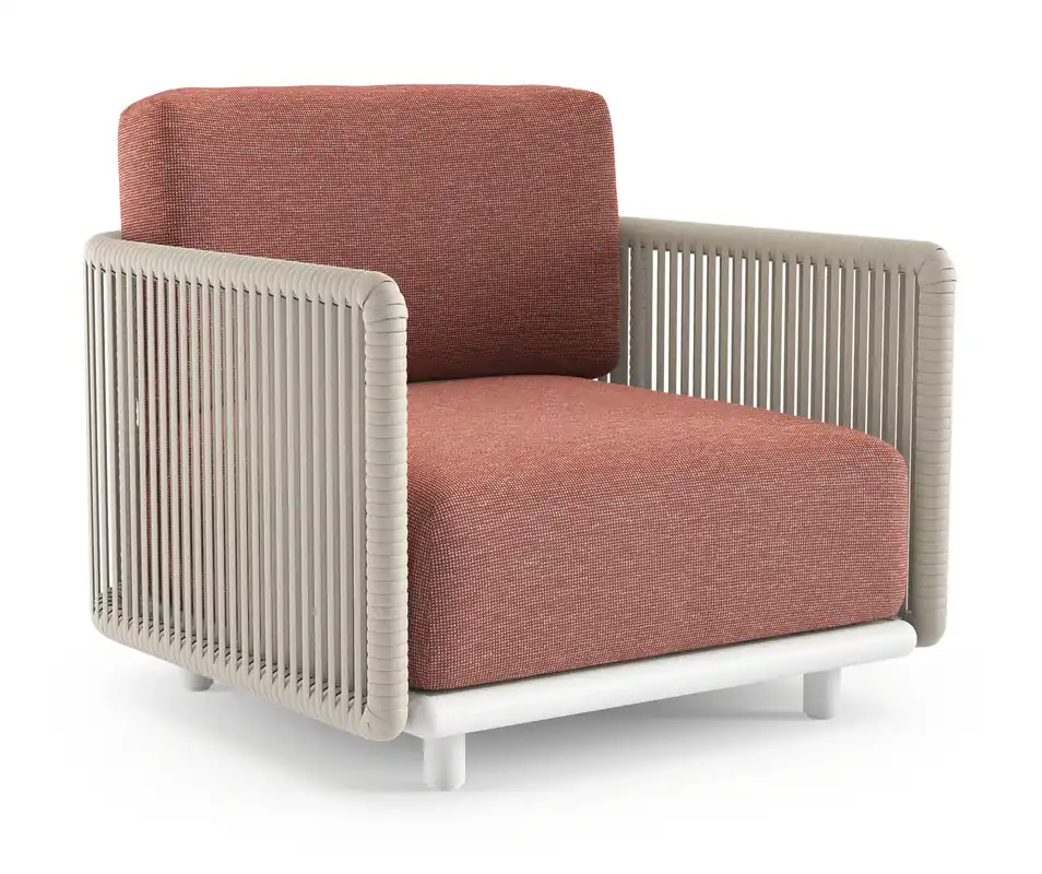 Organo loungestoel in wit aluminium en beige verticaal geweven luxe vlakke rope met slow alezan all weather Sunbrella® luxe kussen Snelle Levering