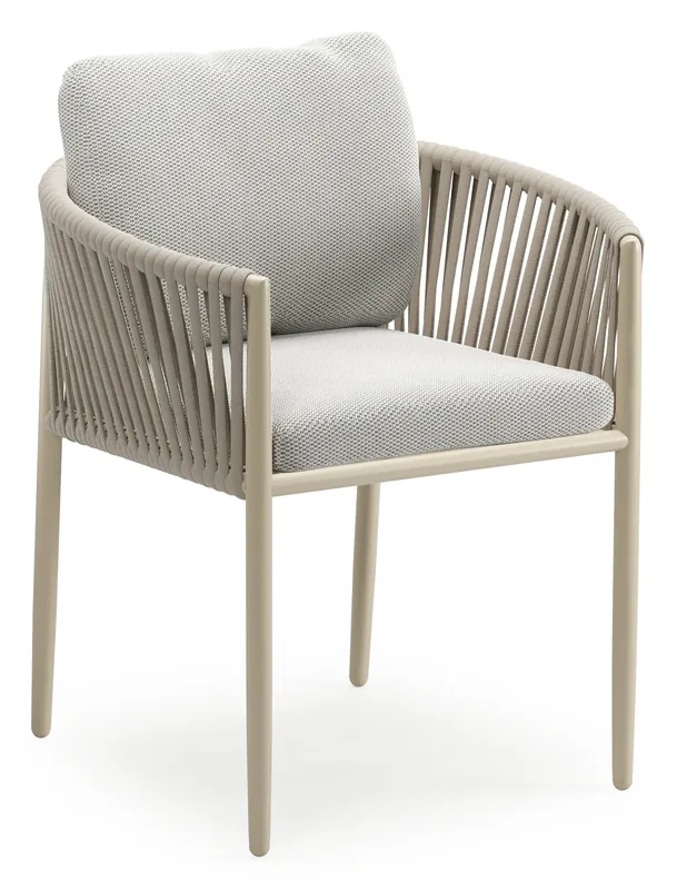 Organo tuinstoel in beige aluminium en beige verticaal geweven luxe vlakke rope met zitkussen in All Weather Sunbrella® Luxe Lopi Ash Gratis Retour
