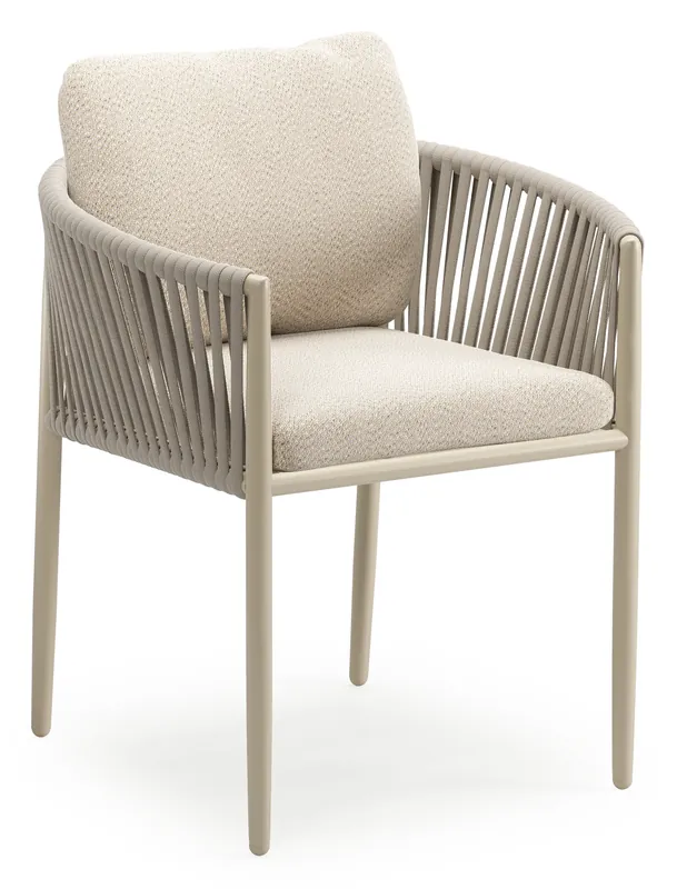 Organo tuinstoel in beige aluminium en beige verticaal geweven luxe vlakke rope met zitkussen in All Weather Sunbrella® Luxe Lopi Sand Betaalbaar