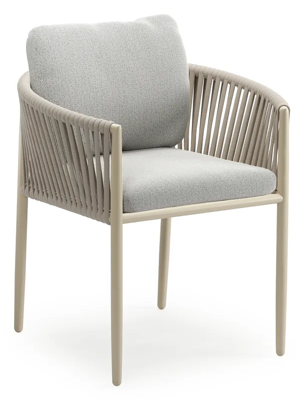Express Levering Organo tuinstoel in beige aluminium en beige verticaal geweven luxe vlakke rope met zitkussen in All Weather Sunbrella® Luxe Savane Nimbus