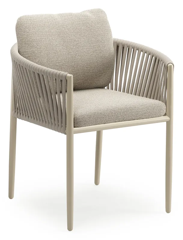 Organo tuinstoel in beige aluminium en beige verticaal geweven luxe vlakke rope met zitkussen in All Weather Cosytica Catania Greige Exclusieve Aanbieding