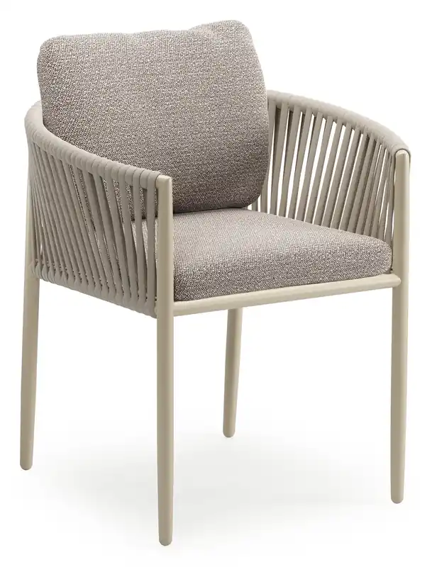 Speciale Aanbieding Organo tuinstoel in beige aluminium en beige verticaal geweven luxe vlakke rope met zitkussen in All Weather Sunbrella® Luxe Wander Granite