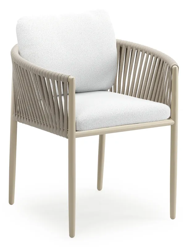Seizoensaanbieding Organo tuinstoel in beige aluminium en beige verticaal geweven luxe vlakke rope met zitkussen in All Weather Solica Ego Birch