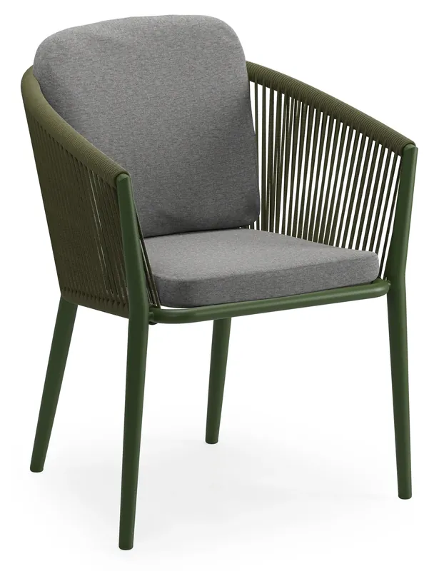 Orso stapelbare tuinstoel in groen aluminium en groen verticaal geweven ronde rope met luxe zitkussen in All Weather Sunbrella® Luxe Heritage Slate Meest Verkocht
