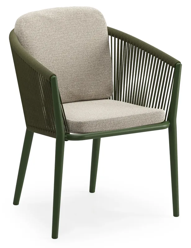 Nieuw Orso stapelbare tuinstoel in groen aluminium en groen verticaal geweven ronde rope met luxe zitkussen in All Weather Cosytica Catania Sand