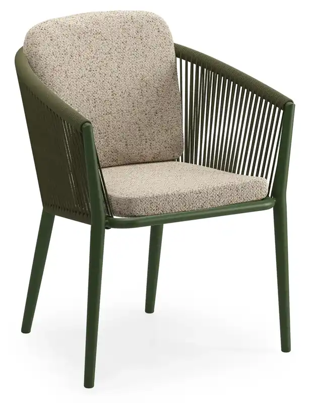 Orso stapelbare tuinstoel in groen aluminium en groen verticaal geweven ronde rope met luxe zitkussen in All Weather Cosytica Bora Jungle Lage Kosten