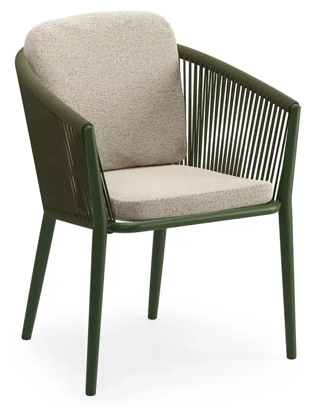 Orso stapelbare tuinstoel in groen aluminium en groen verticaal geweven ronde rope met luxe zitkussen in All Weather Cosytica Marbella Beige Meest Verkocht