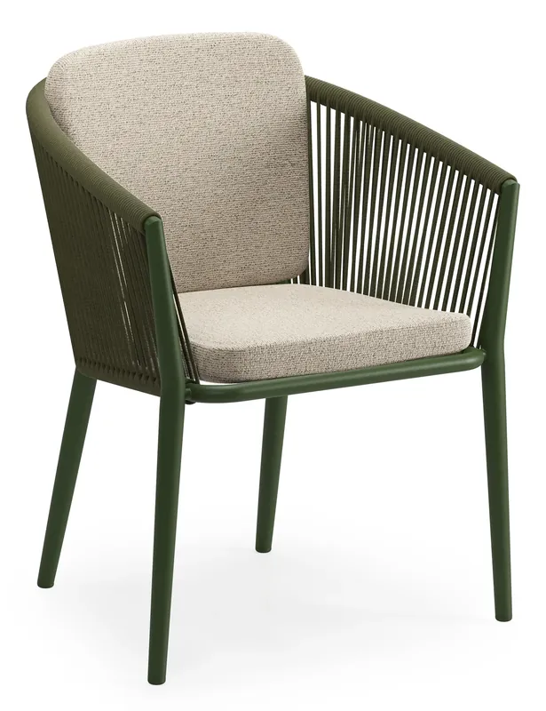 Hete Deal Orso stapelbare tuinstoel in groen aluminium en groen verticaal geweven ronde rope met zitkussen in All Weather Cosytica Marbella Beige