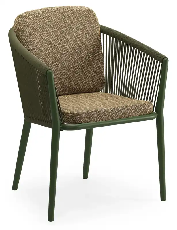Aanbieding Orso stapelbare tuinstoel in groen aluminium en groen verticaal geweven ronde rope met luxe zitkussen in All Weather Cosytica Madagascar Walnut