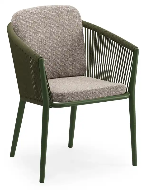 Nieuw Orso stapelbare tuinstoel in groen aluminium en groen verticaal geweven ronde rope met luxe zitkussen in All Weather Sunbrella® Luxe Wander Manioc