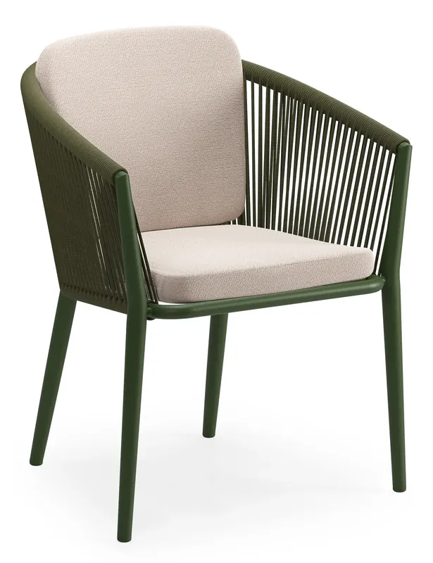 Orso stapelbare tuinstoel in groen aluminium en groen verticaal geweven ronde rope met zitkussen in All Weather Sunbrella® Luxe Wander Pilat Gecertificeerd