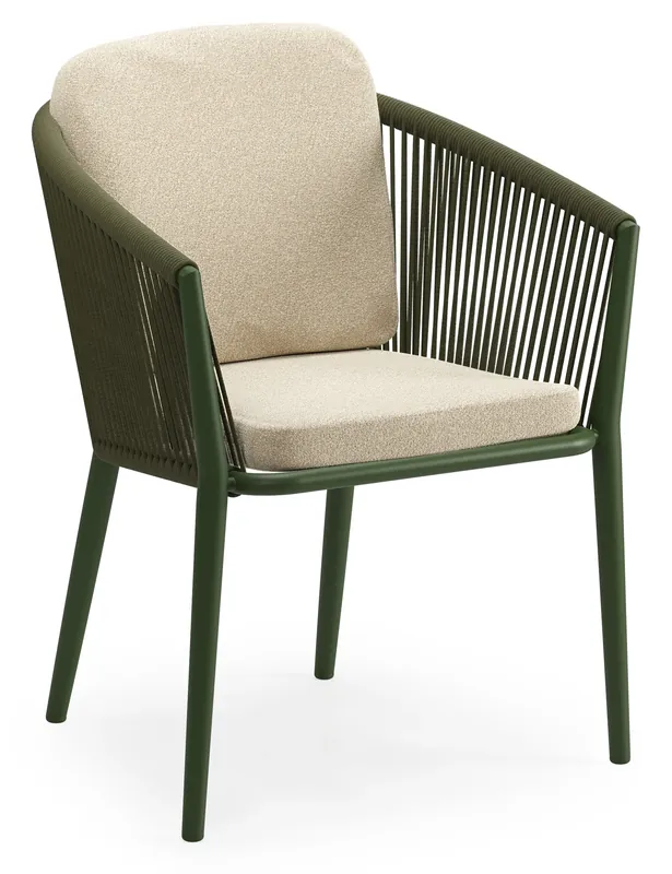 Orso stapelbare tuinstoel in groen aluminium en groen verticaal geweven ronde rope met luxe zitkussen in All Weather Solica Soul Papyrus Finale Uitverkoop