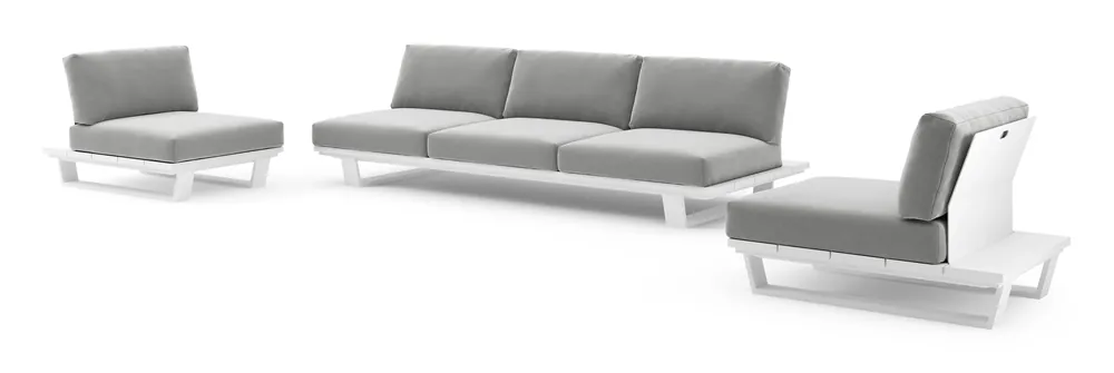 Fabrieksprijs Pagino loungeset in wit aluminium met savane grey all weather sunbrella® luxe kussen