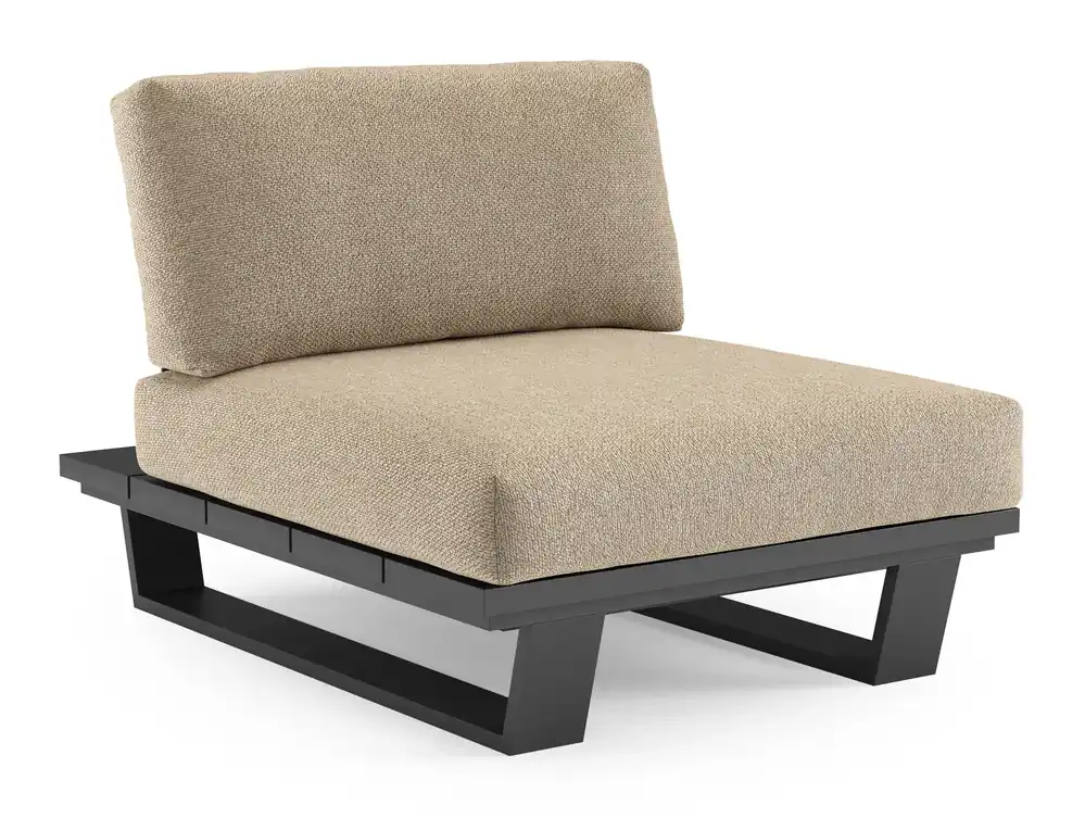 Rechtstreeks Van De Fabrikant Pagino loungestoel in zwart aluminium met madagascar oak all weather cosytica kussen