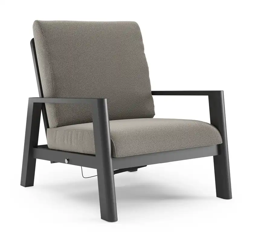 Betaalbaar Cirello loungestoel in zwart aluminium met lopi charcoal all weather sunbrella® luxe kussen