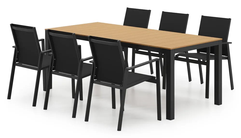 Veilige Betaling Toma tuinset in zwart aluminium en polywood met 6 Bahia tuinstoelen