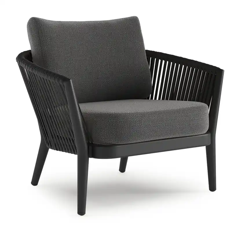 Direct Verzonden Orso loungestoel in zwart aluminium en zwart verticaal geweven luxe vlakke rope met Savane Tornado all weather sunbrella® luxe kussen