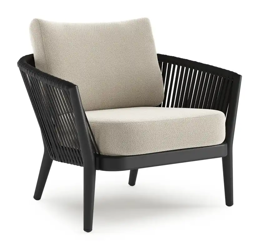 Orso loungestoel in zwart aluminium en zwart verticaal geweven luxe vlakke rope met Lopi Marble all weather sunbrella® luxe kussen Koop Online