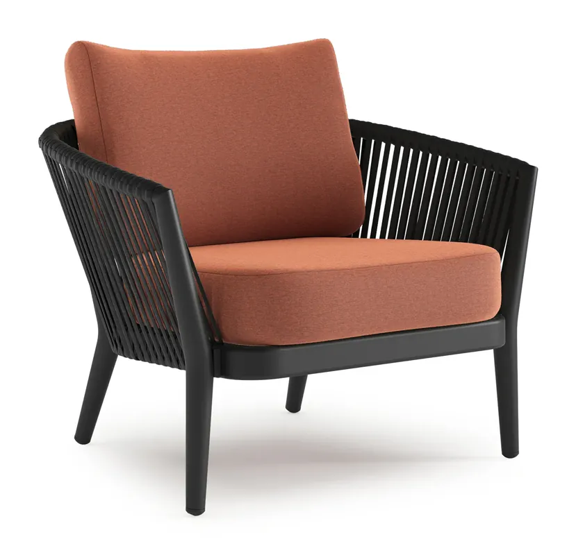 Orso loungestoel in zwart aluminium en zwart verticaal geweven luxe vlakke rope met Heritage Rust all weather sunbrella® luxe kussen Betaalbaar