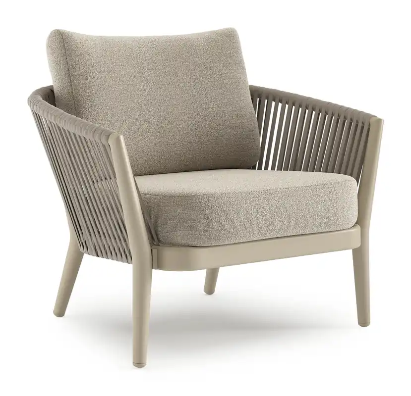 Orso loungestoel in beige aluminium en beige verticaal geweven luxe vlakke rope met Catania Sand all weather cosytica kussen Bestel Nu