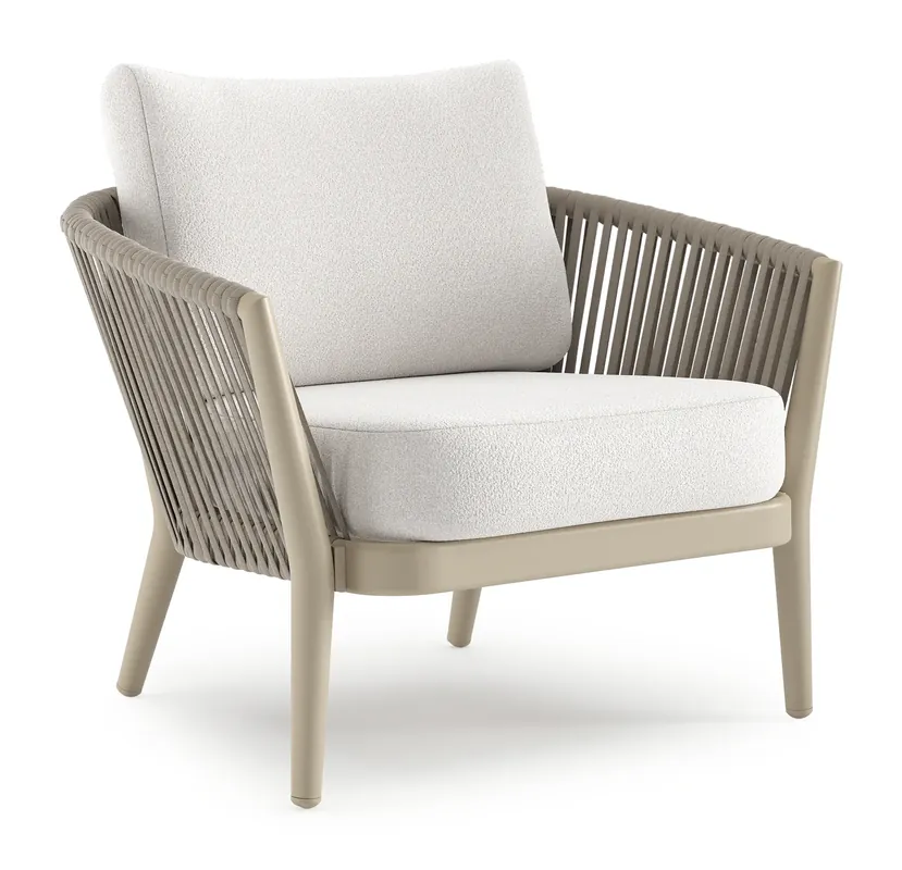 Orso loungestoel in beige aluminium en beige verticaal geweven luxe vlakke rope met Soul Optik all weather solica kussen Bestseller