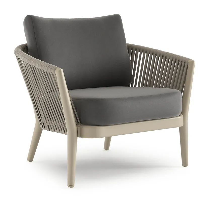 Orso loungestoel in beige aluminium en beige verticaal geweven luxe vlakke rope met natte charcoal chine all weather sunbrella® luxe kussen Beste Prijs