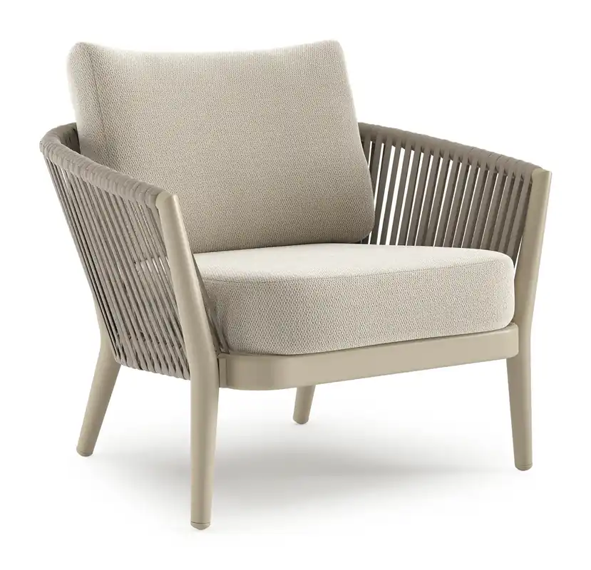 Premium Orso loungestoel in beige aluminium en beige verticaal geweven luxe vlakke rope met Lopi Marble all weather sunbrella® luxe kussen