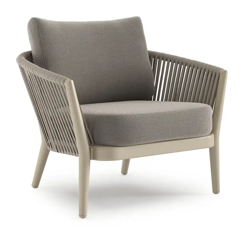 Speciale Aanbieding Orso loungestoel in beige aluminium en beige verticaal geweven luxe vlakke rope met Lopi Silver all weather sunbrella® luxe kussen
