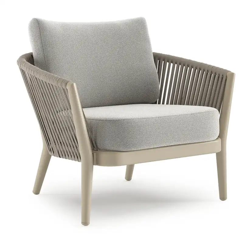 Orso loungestoel in beige aluminium en beige verticaal geweven luxe vlakke rope met Lopi Ash all weather sunbrella® luxe kussen Direct Verzonden