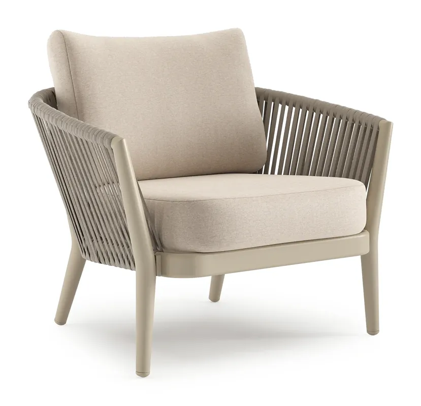 Alleen Vandaag Orso loungestoel in beige aluminium en beige verticaal geweven luxe vlakke rope met Heritage Ash all weather sunbrella® luxe kussen