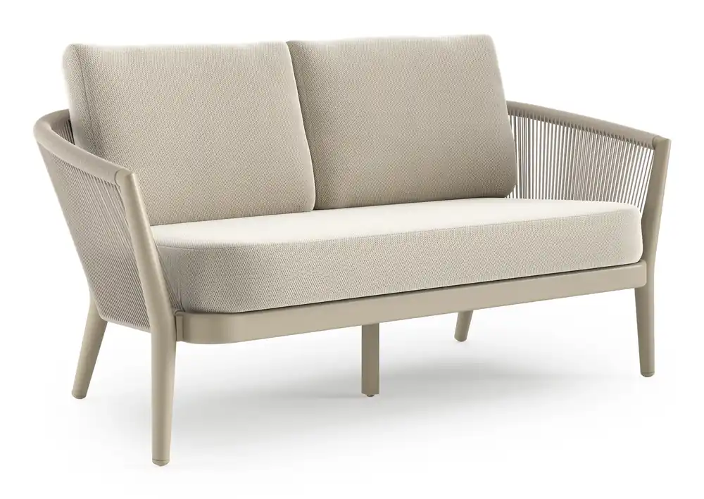 Direct Beschikbaar Orso loungebank in beige aluminium en beige verticaal geweven ronde rope met Lopi Marble all weather sunbrella® luxe kussen