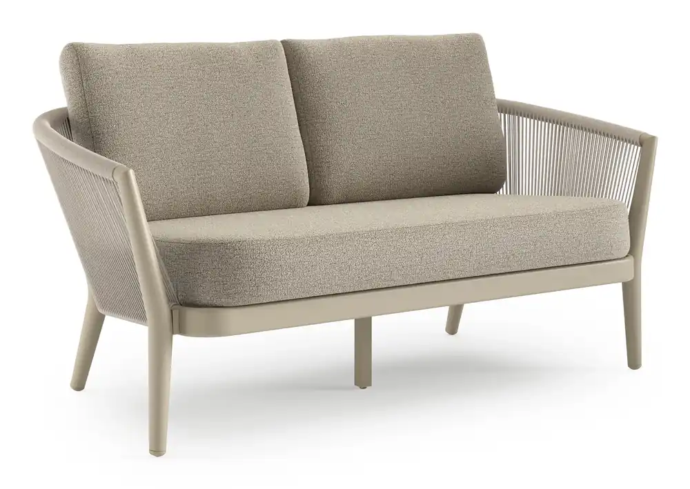 Orso loungebank in beige aluminium en beige verticaal geweven ronde rope met Catania Beige all weather cosytica kussen Lage Prijs