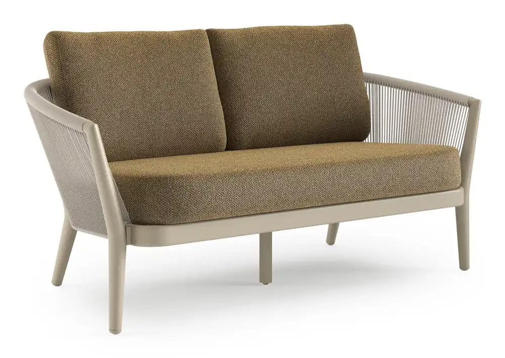 Orso loungebank in beige aluminium en beige verticaal geweven ronde rope met Madagascar Walnut all weather cosytica kussen Nu Kopen