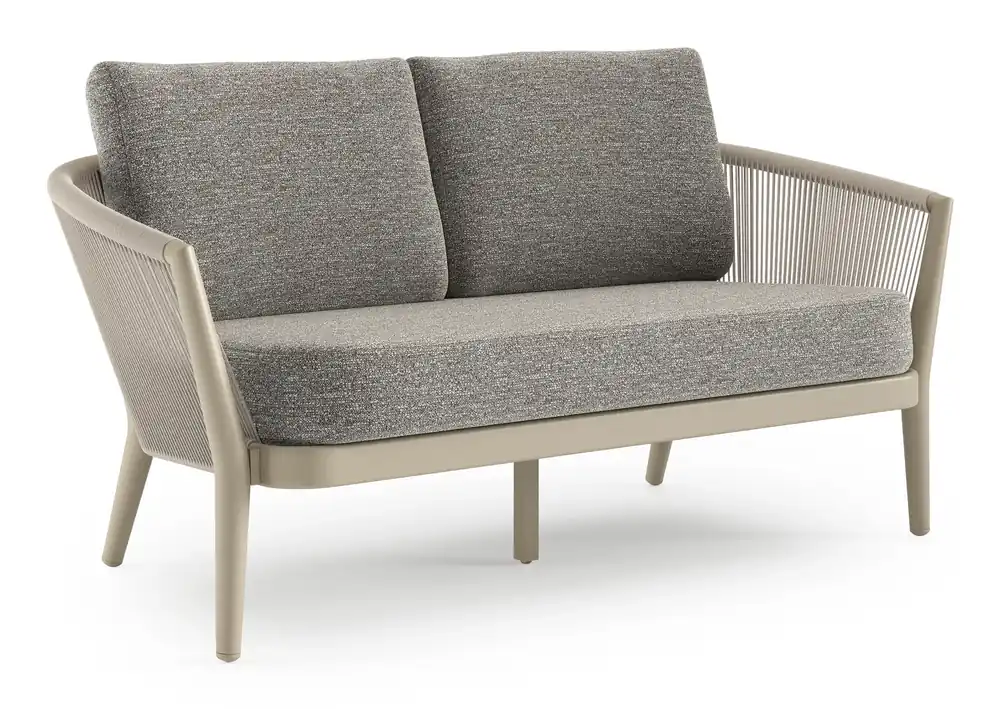 Orso loungebank in beige aluminium en beige verticaal geweven ronde rope met Tundra Pepper all weather sunbrella® luxe kussen Fabrieksprijs