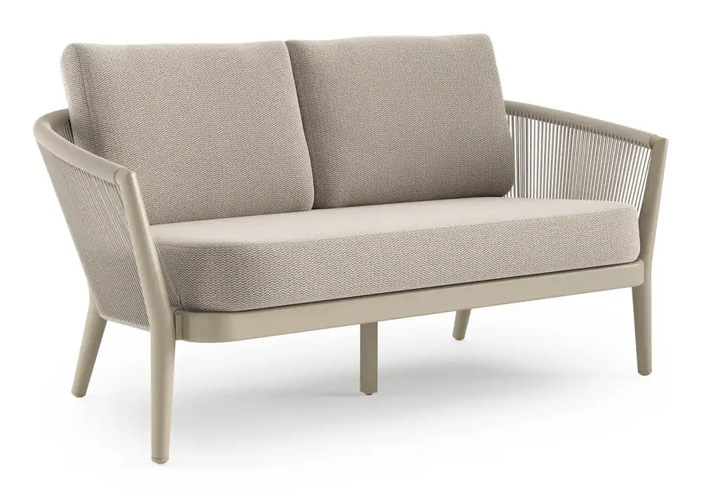 Orso loungebank in beige aluminium en beige verticaal geweven ronde rope met Lopi Fossil all weather sunbrella® luxe kussen Laatste Versie