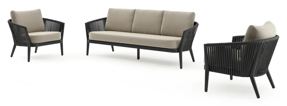 Orso loungeset in zwart aluminium en zwart verticaal geweven luxe vlakke rope met Catania Beige all weather cosytica kussen Express Levering