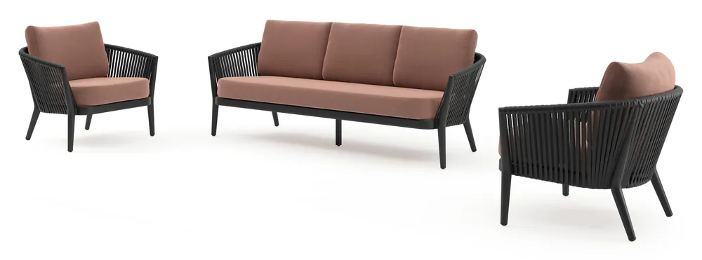 Orso loungeset in zwart aluminium en zwart verticaal geweven luxe vlakke rope met Savane Rust all weather sunbrella® luxe kussen Rechtstreeks Van De Fabrikant