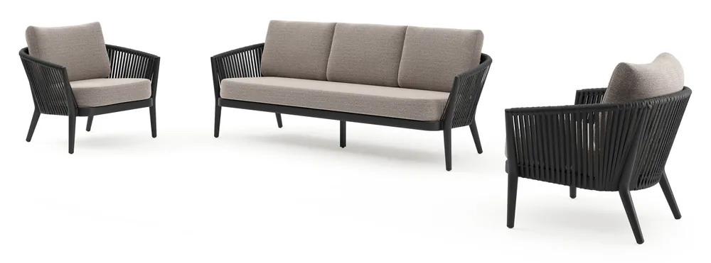 Favoriet Orso loungeset in zwart aluminium en zwart verticaal geweven luxe vlakke rope met Wander Granite all weather sunbrella® luxe kussen