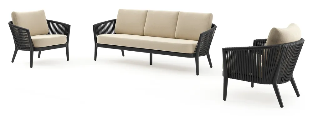 Orso loungeset in zwart aluminium en zwart verticaal geweven luxe vlakke rope met Soul Papyrus all weather solica kussen Gecertificeerd