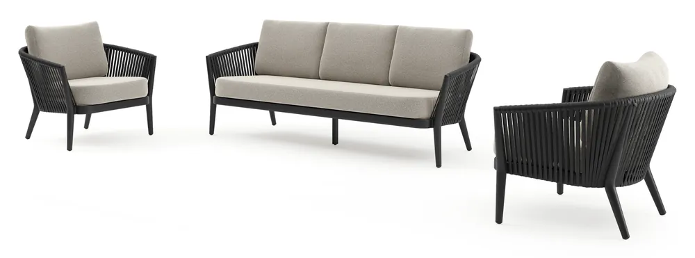 Orso loungeset in zwart aluminium en zwart verticaal geweven luxe vlakke rope met Firenze Sand all weather solica kussen Aanbieding