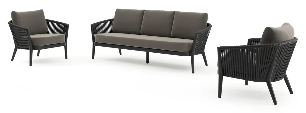 Exclusieve Aanbieding Orso loungeset in zwart aluminium en zwart verticaal geweven luxe vlakke rope met Natte Carbon Beige all weather sunbrella® luxe kussen
