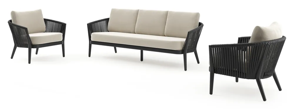 Orso loungeset in zwart aluminium en zwart verticaal geweven luxe vlakke rope met Lopi Marble all weather sunbrella® luxe kussen Bestel Nu