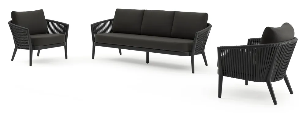 Premium Orso loungeset in zwart aluminium en zwart verticaal geweven luxe vlakke rope met Heritage Char all weather sunbrella® luxe kussen